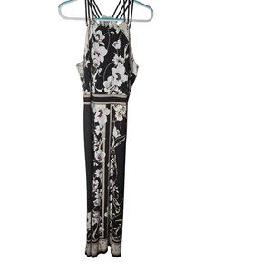 Black Floral Maxi Dress With Strappy Back & Snake Print Trim L